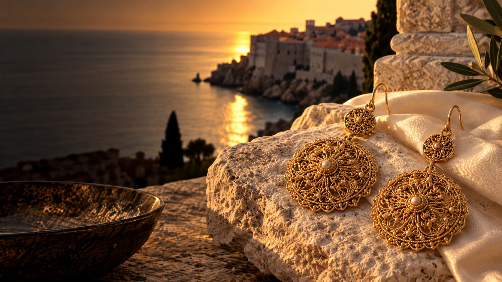 Gold filigree earrings at sunset overlooking Dubrovnik